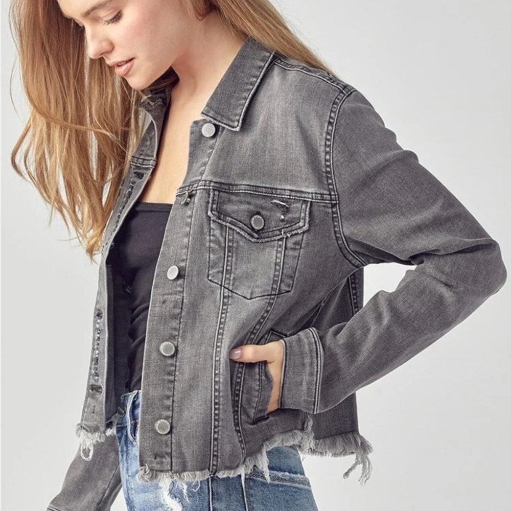 Hidden Los Angeles Charcoal Denim Jacket Cropped Raw Hem – Size Small